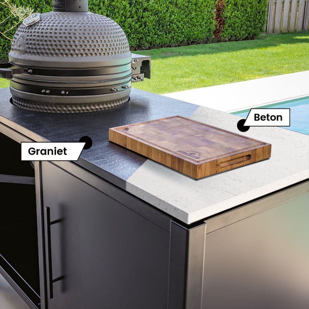 BESTCHARCOAL® Luxuos εξωτερική κουζίνα — σκληρό ξύλο Fraké / rechts, 55-cm-Ausschnitt / 30 mm schwarzer Granit